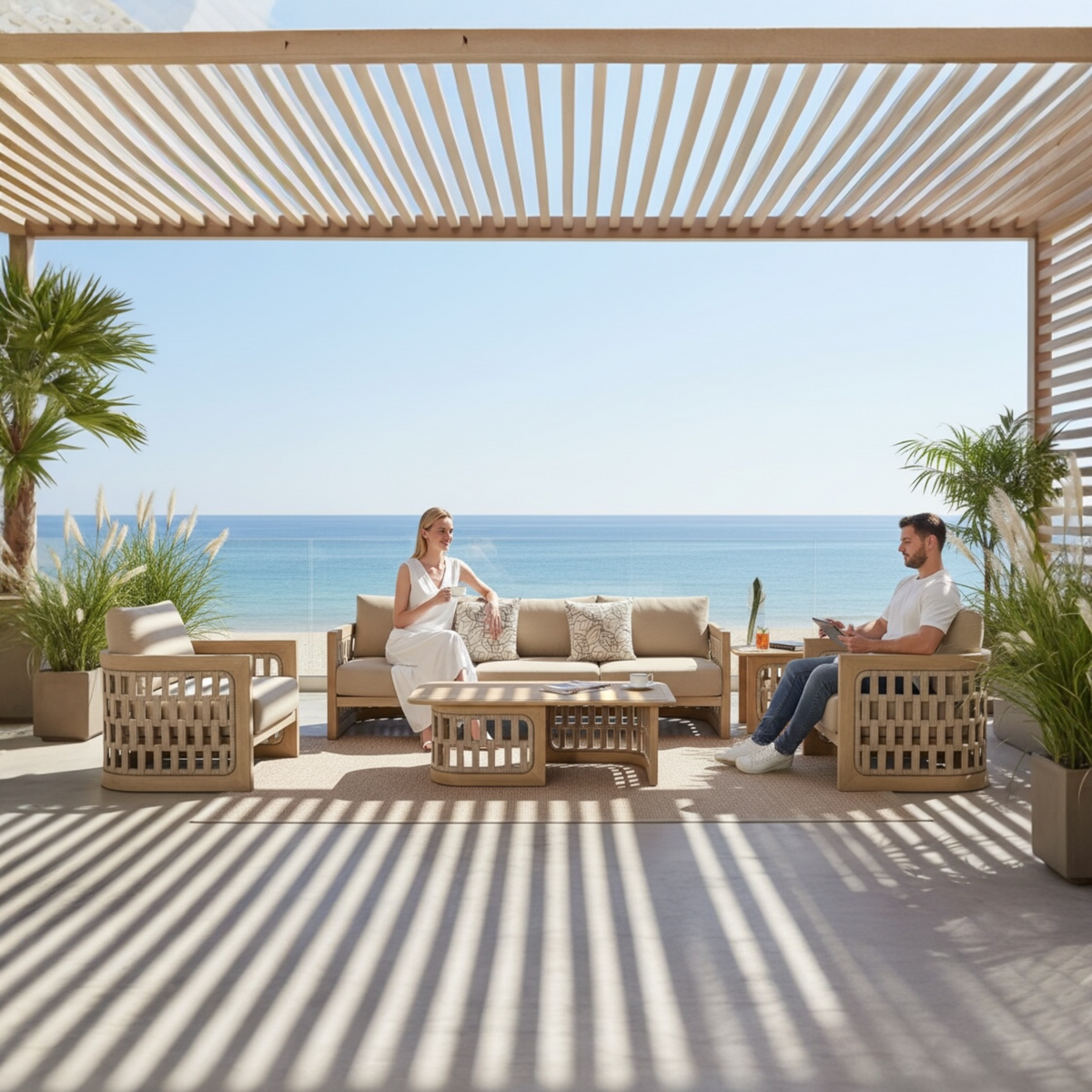 Palma solid teak and rope outdoor sofa set with teak coffee table – shown outdoors