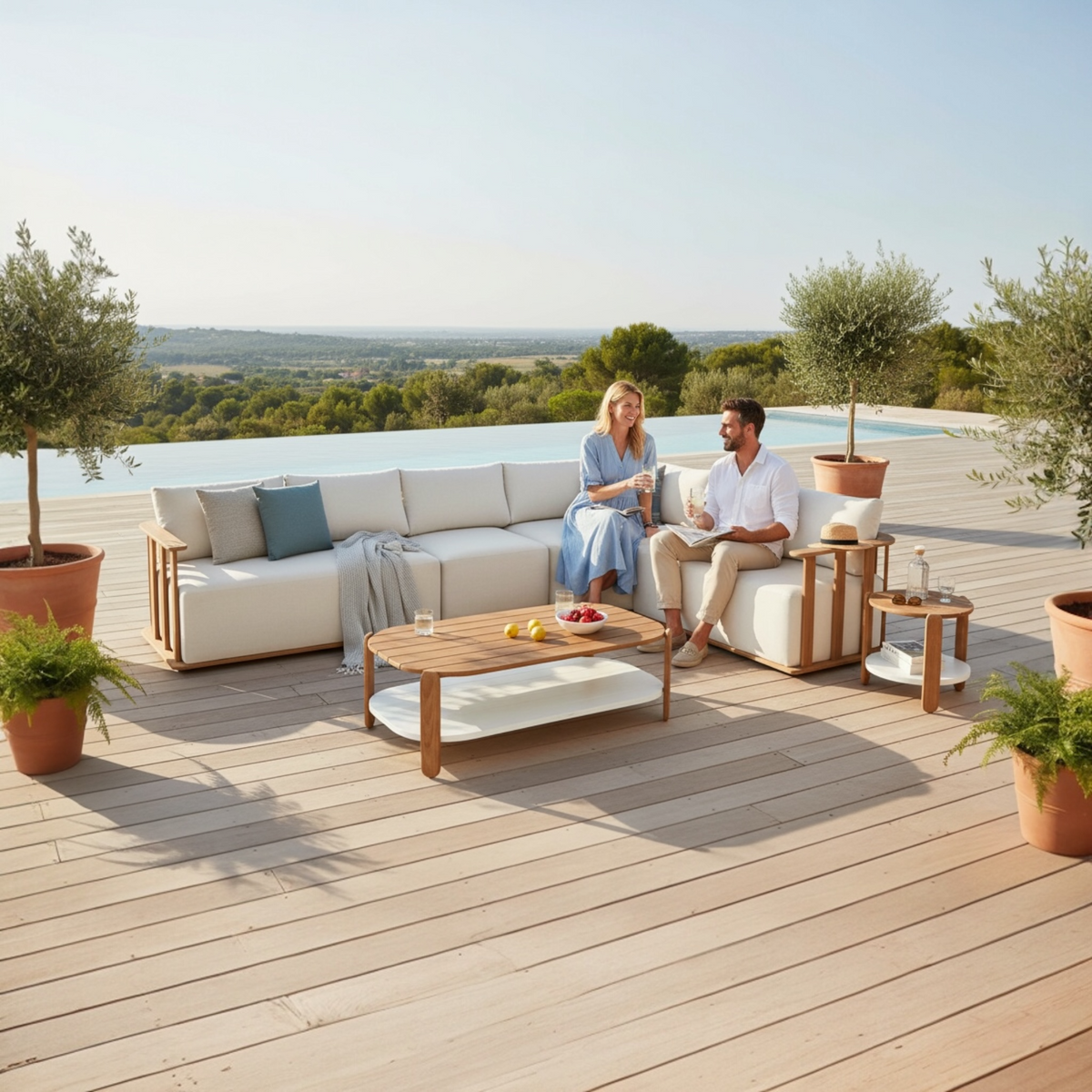 Roma solid teak outdoor sectional with slatted palisade design – shown outdoors