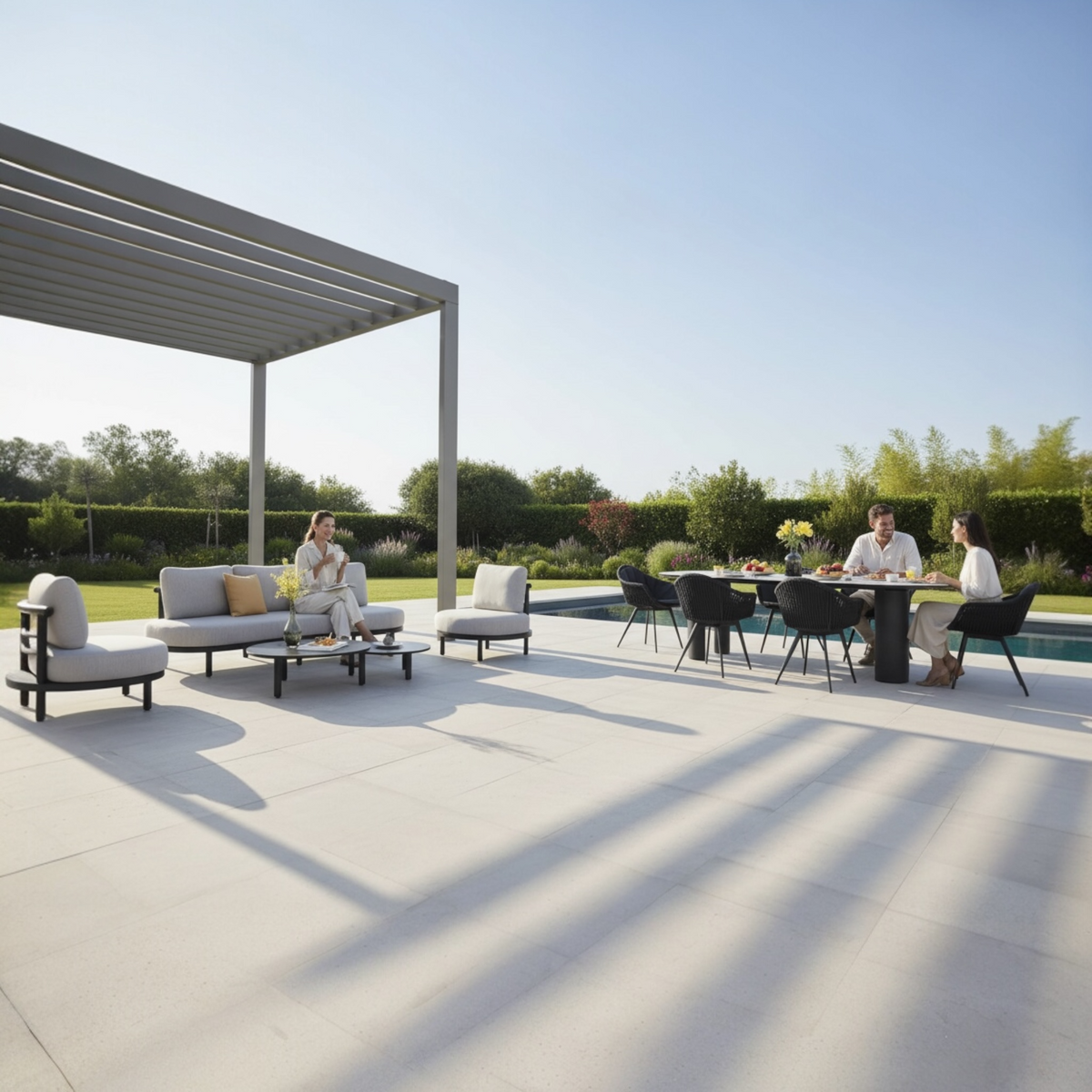 Ambre black aluminum sofa set with beige cushions – shown outdoors (4)
