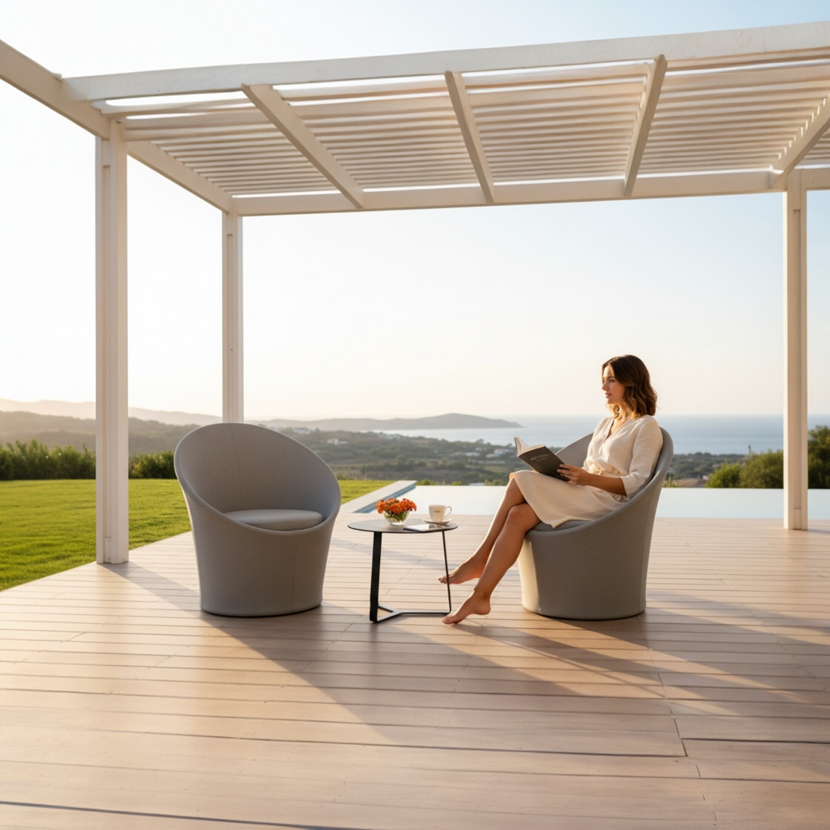 Luna gray balcony furniture set with round textilene armchairs – shown outdoors (2)