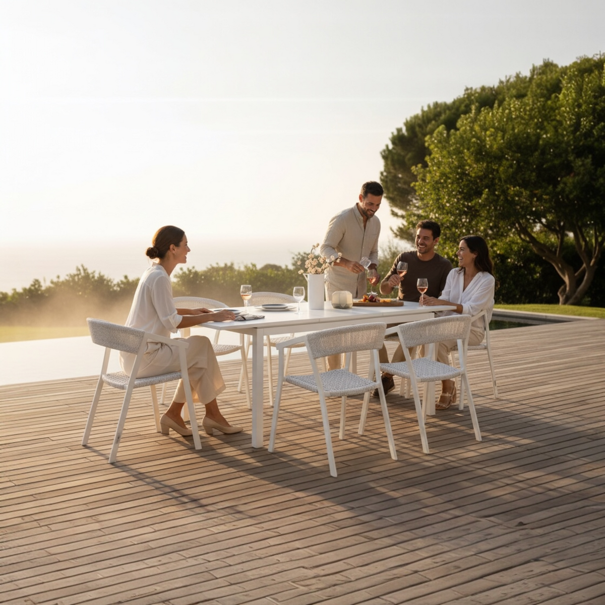 Lou Mini white extendable aluminum outdoor table – shown outdoors (3)