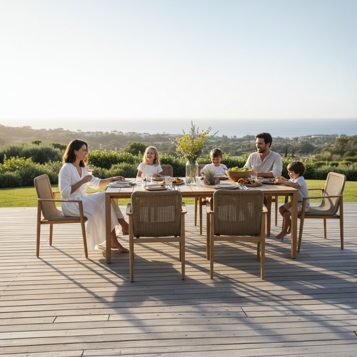 Paula solid teak slatted outdoor dining table for eight – shown outdoors (3)