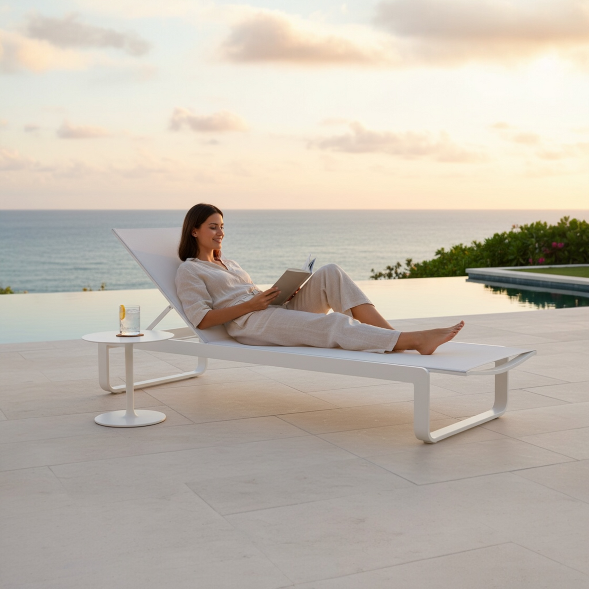 Romy all-white aluminum textilene chaise lounge – shown outdoors (3)