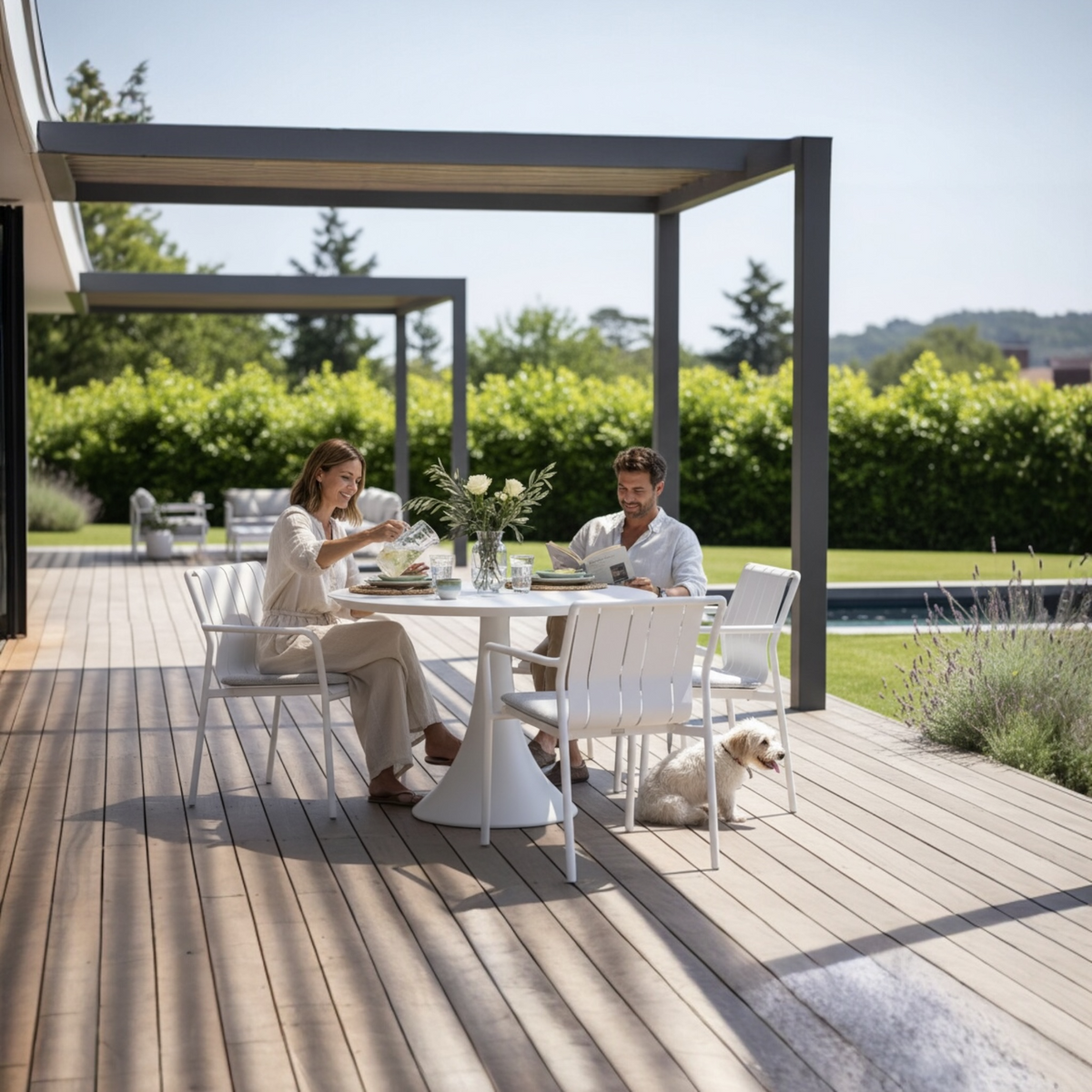 Fano white all-aluminum round patio table – shown outdoors (3)
