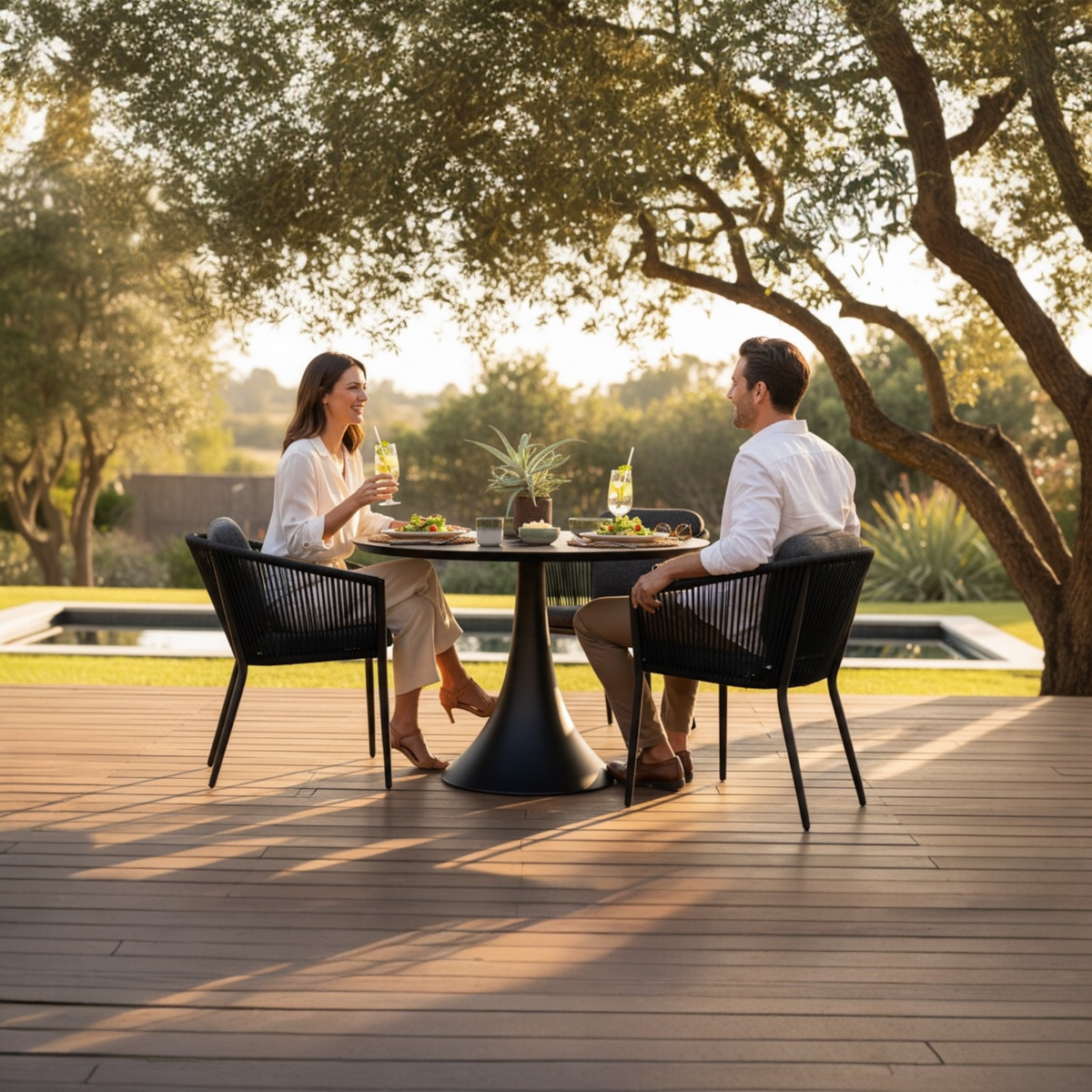 Fano black all-aluminum round patio table – shown outdoors (3)