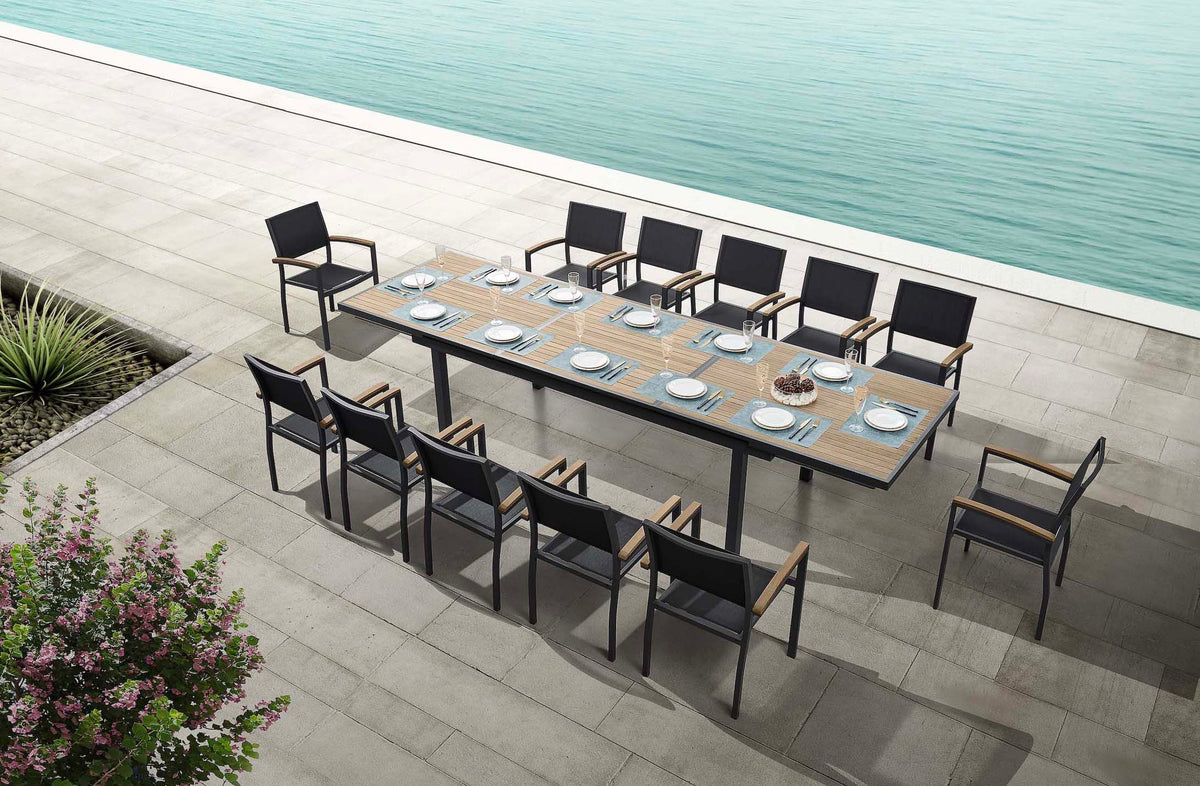 Tory Plus extendable aluminum and teak dining table – shown outdoors (3)