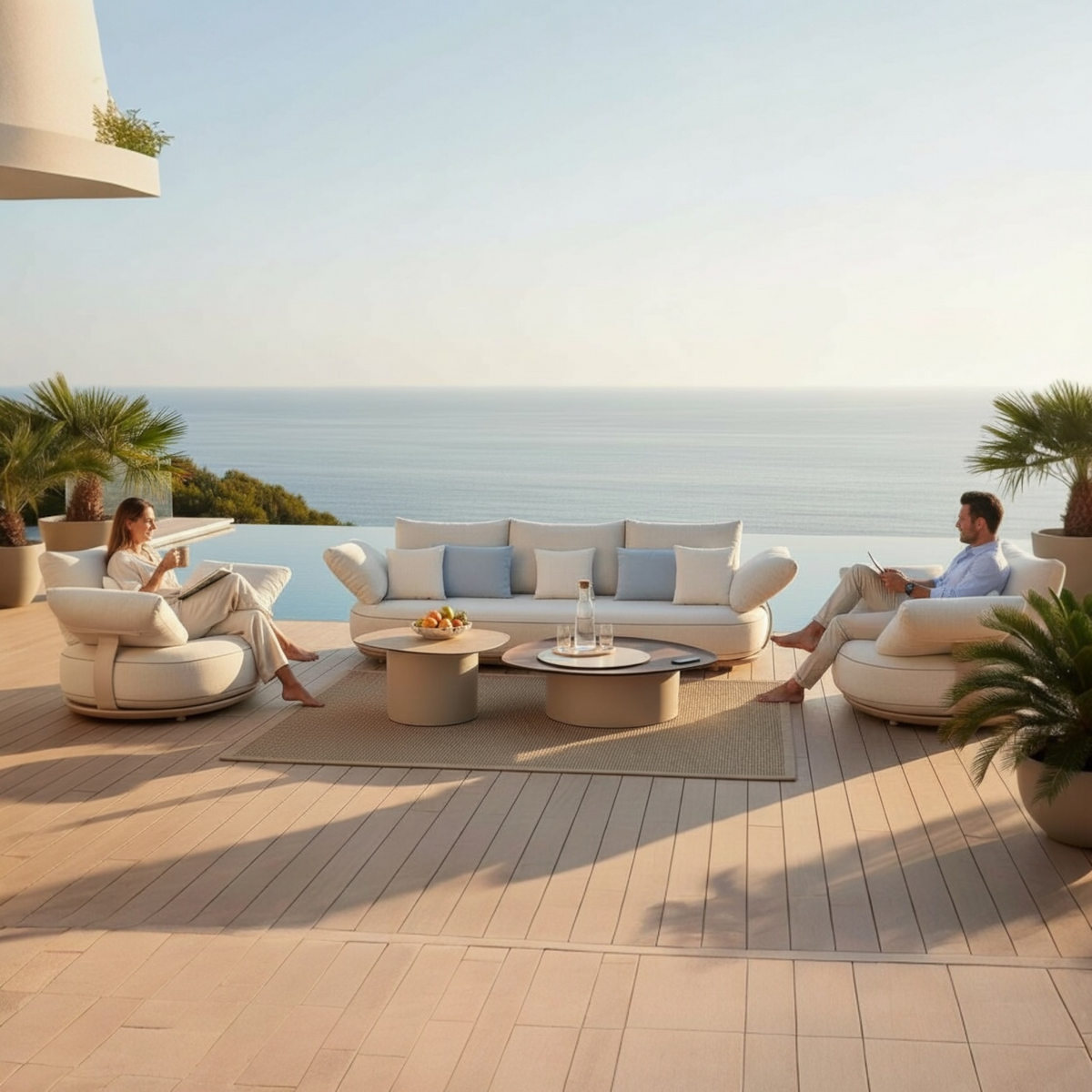 Elyo 5-seat curved modular aluminum lounge set with two coffee tables – shown outdoors (2)
