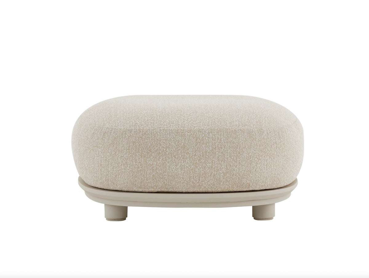 Beige ottoman for the Aura beige rope outdoor lounge set with free-form ceramic coffee table