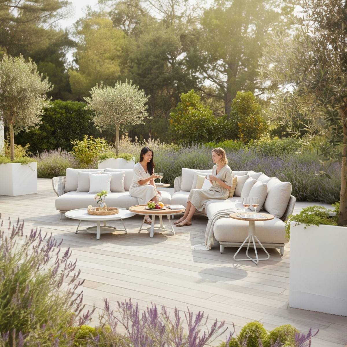 Charly rounded rope outdoor sectional with coffee and side tables – shown outdoors (2)