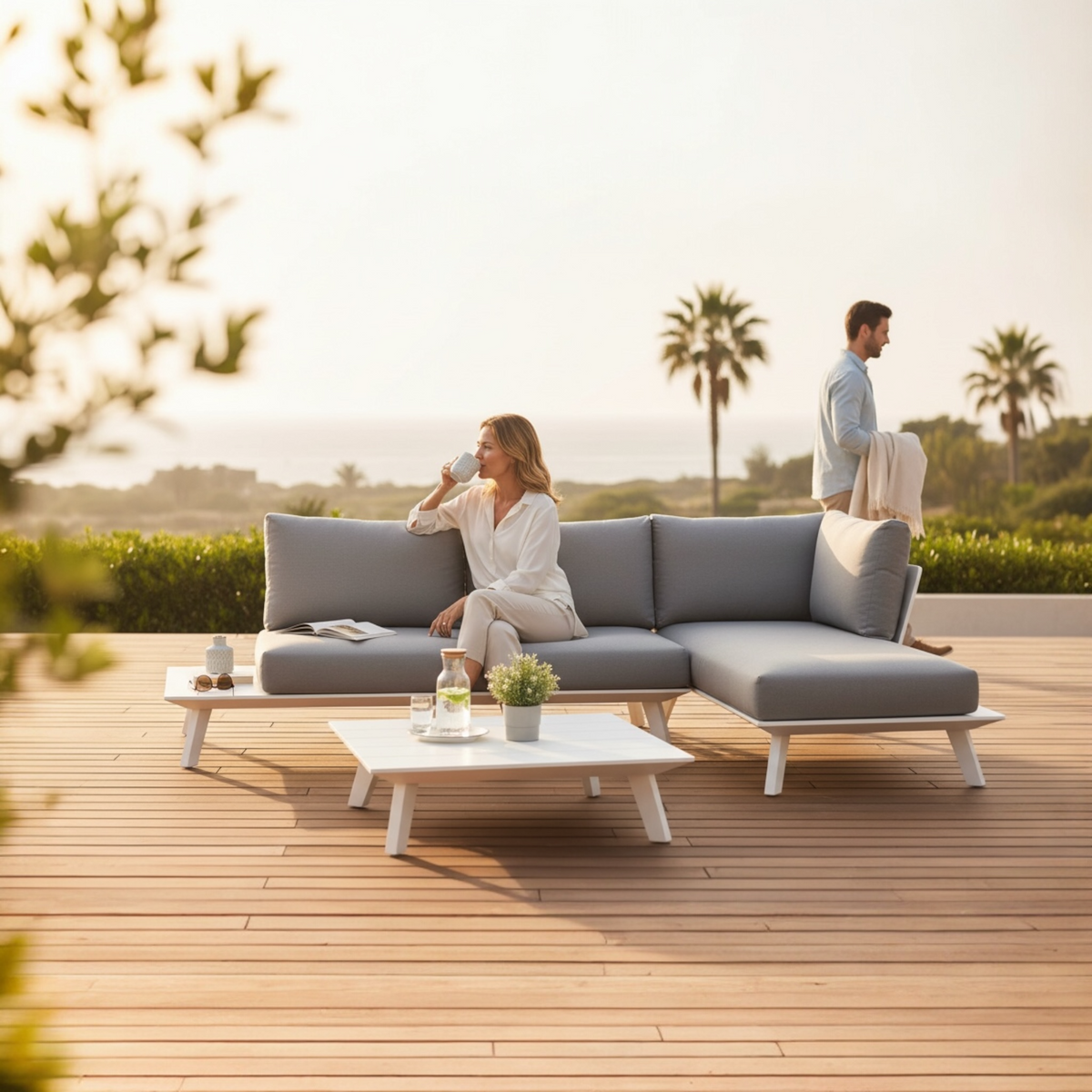 Tiny Mini white modular corner sofa – shown outdoors (3)