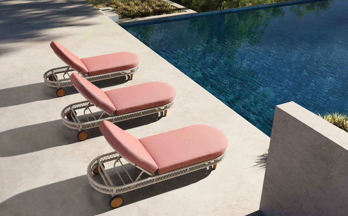Rose rope and aluminum chaise lounge with pink cushion – shown outdoors (4)