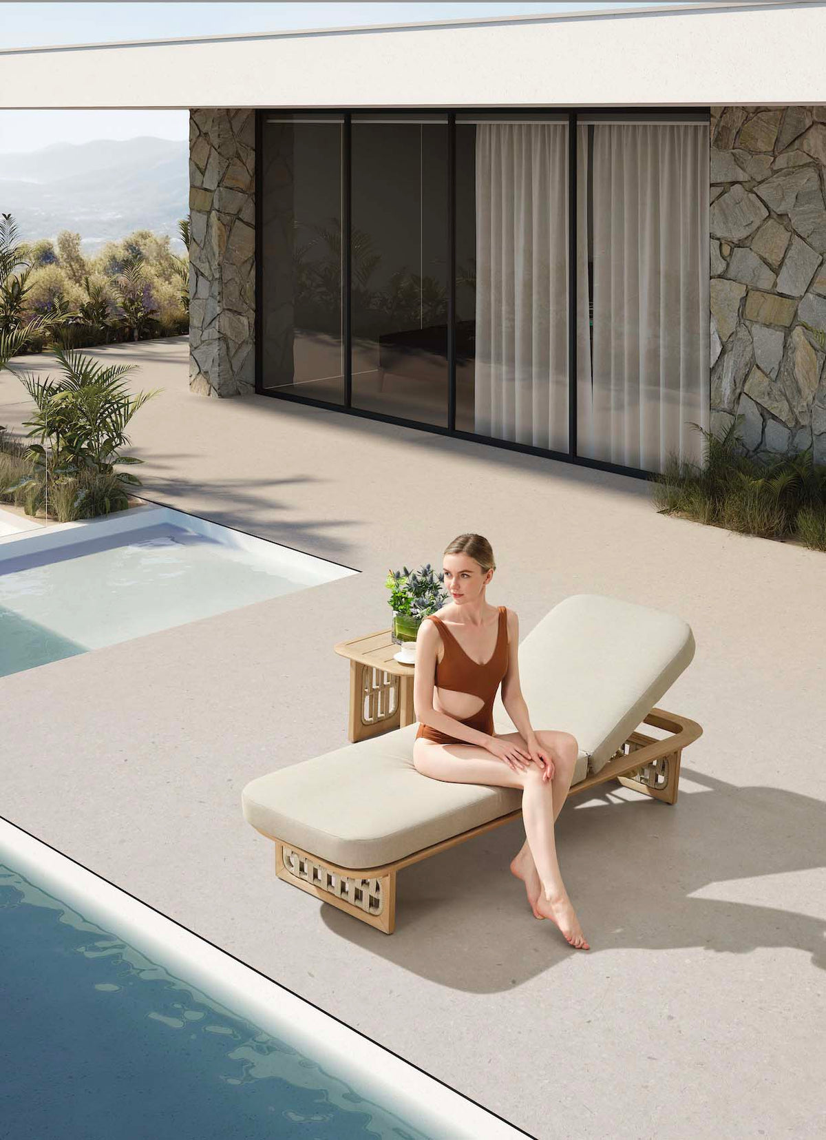 Palma solid teak and rope chaise lounge – shown outdoors (2)