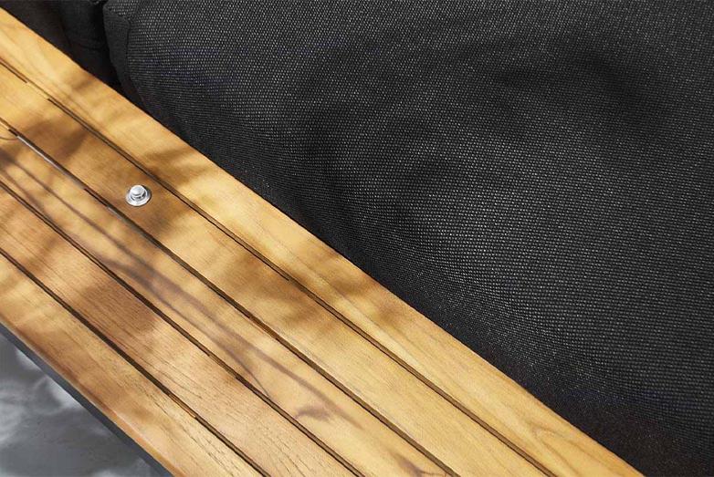 July aluminum and teak lounge set with chaise and teak coffee table – close-up detail