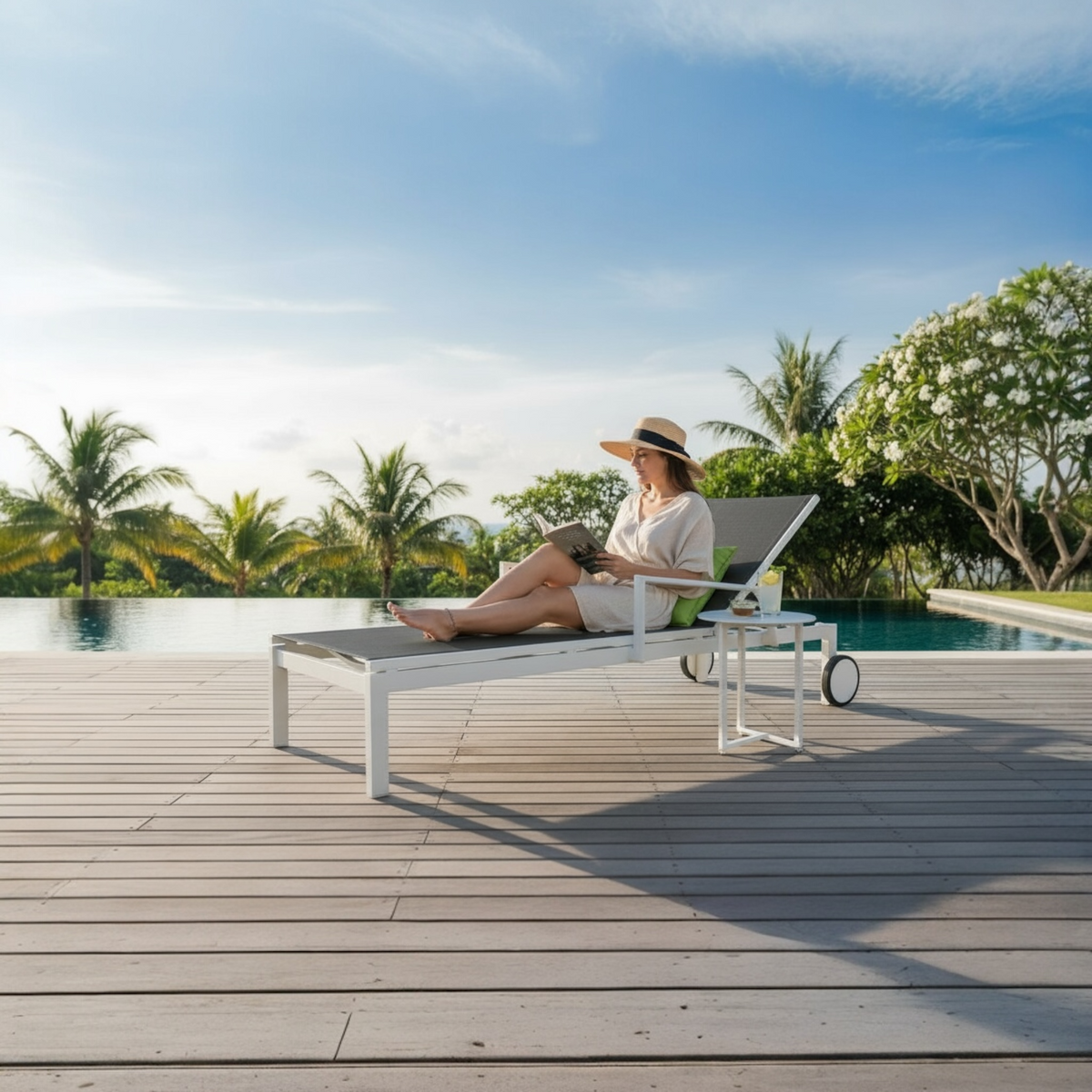 Enea aluminum textilene sun lounger with wheels – shown outdoors (2)