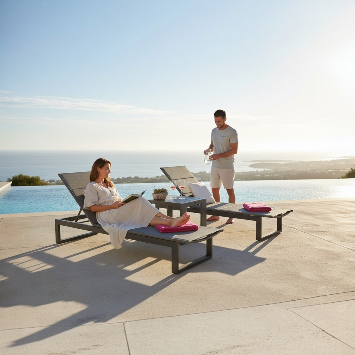 Como black chaise lounge set of two with coffee table – shown outdoors (3)
