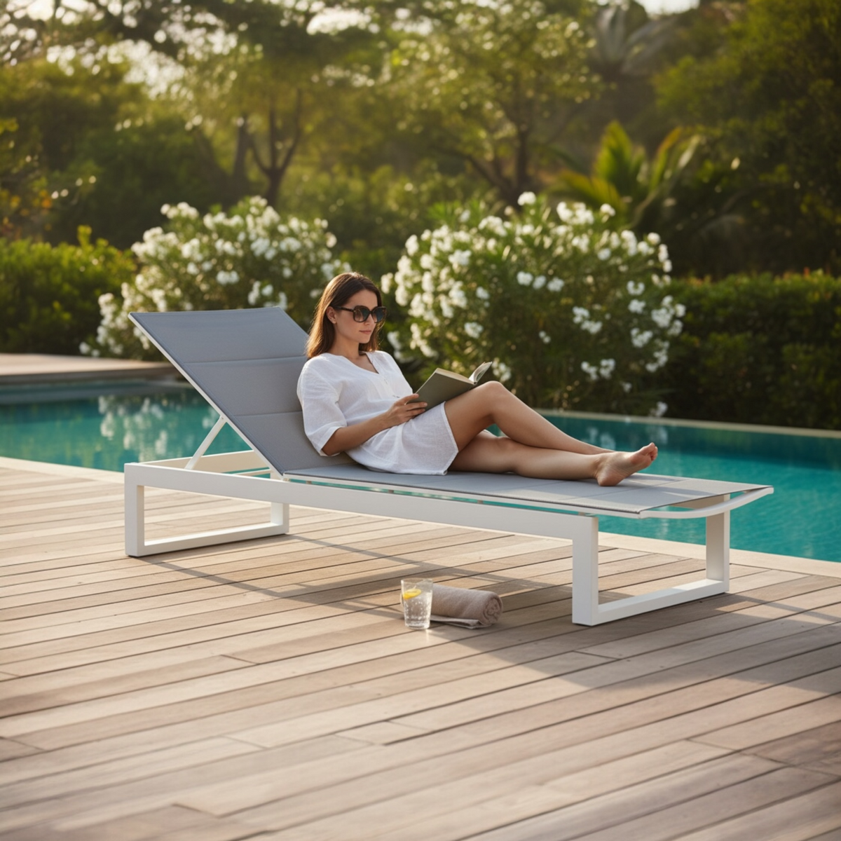 Como white aluminum chaise lounge with charcoal quilted sling – shown outdoors