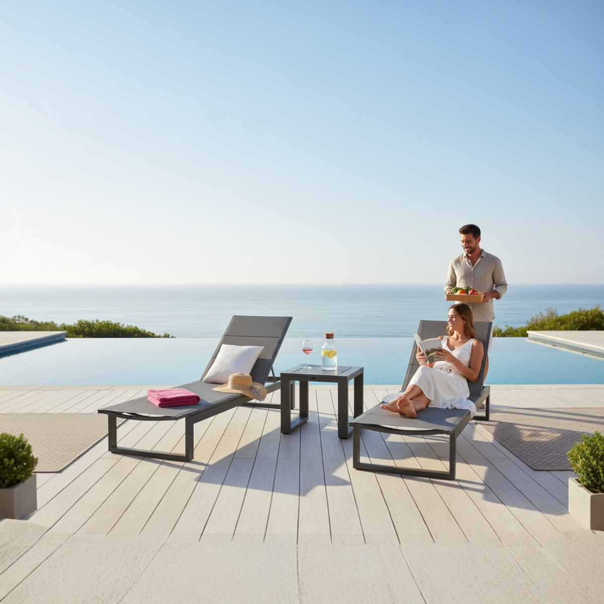 Como black chaise lounge set of two with coffee table – shown outdoors (4)