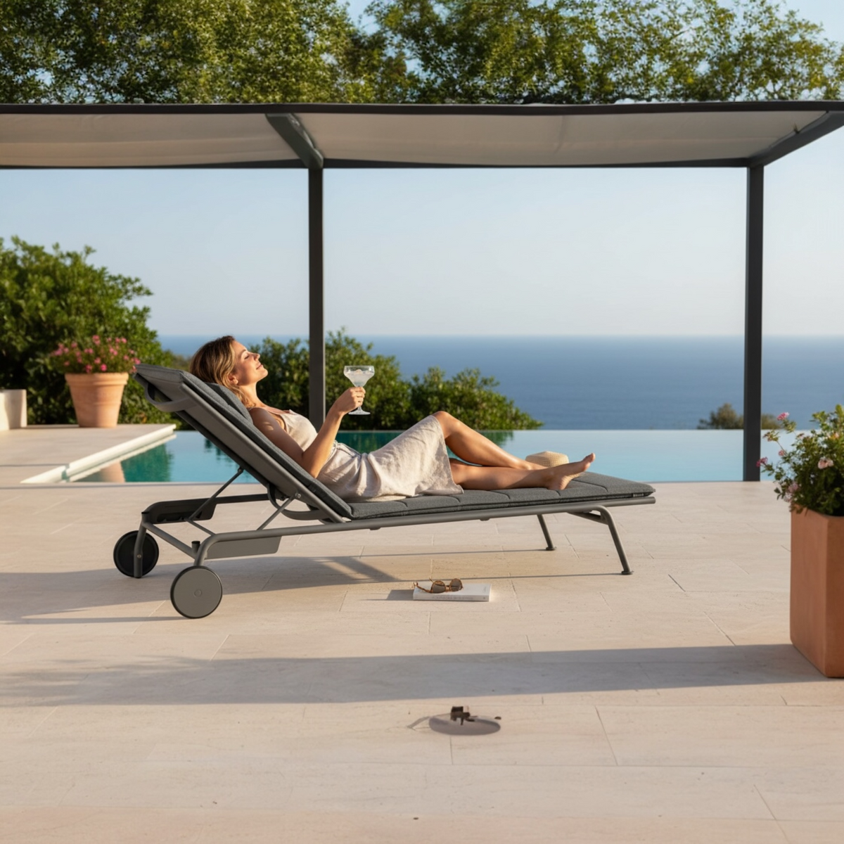 Sunny black aluminum and textilene chaise lounges, set of 2 – shown outdoors