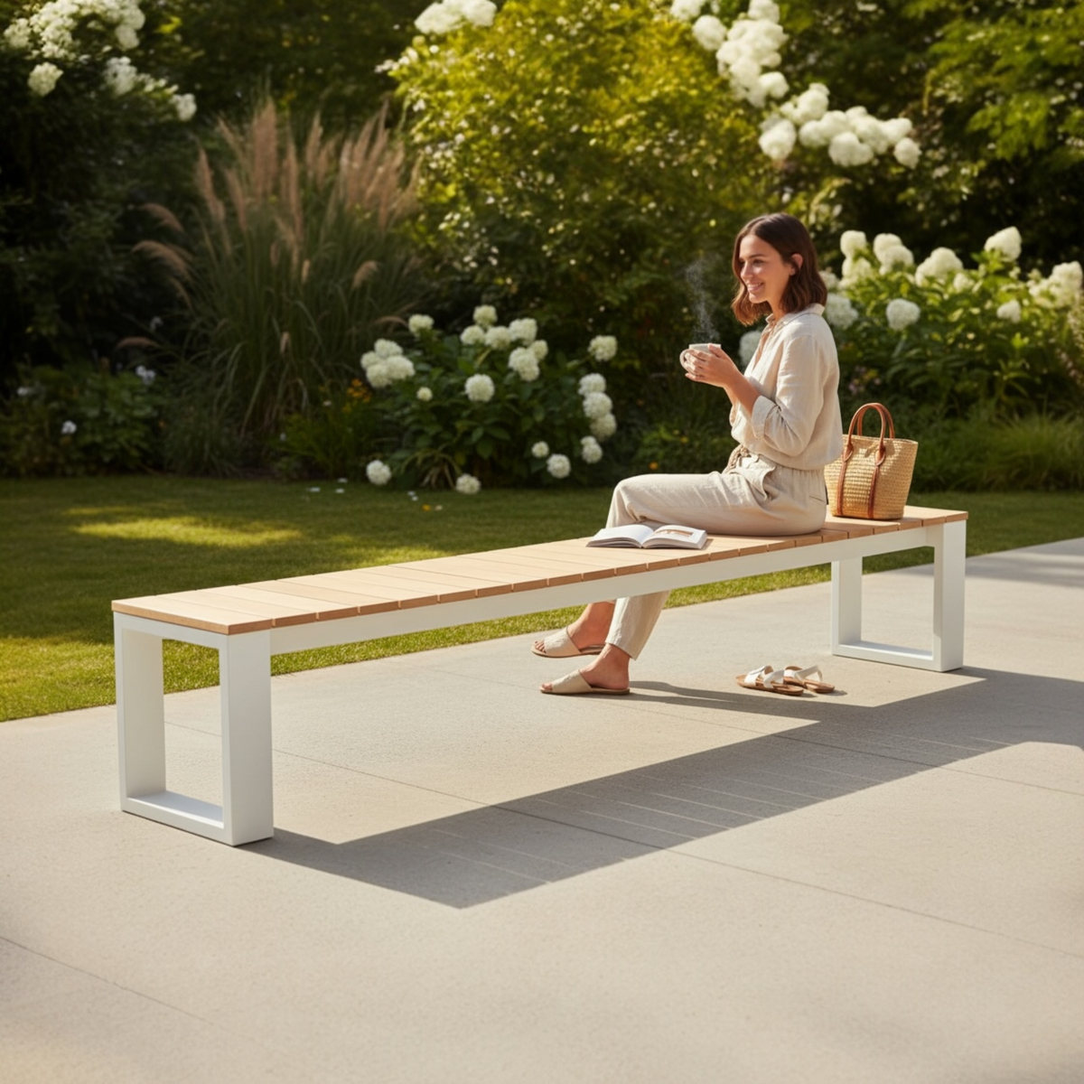 Como white aluminum and teak outdoor dining bench – shown outdoors (2)