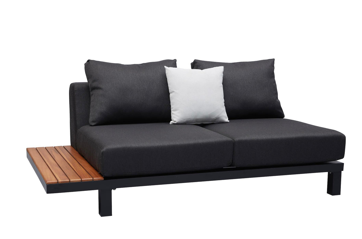 Orsy matte black aluminum and teak corner sofa set with low teak coffee table