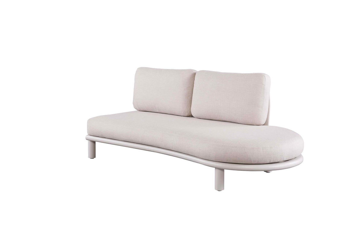 Sanka Cosy curved beige aluminum corner sofa with integrated teak platform