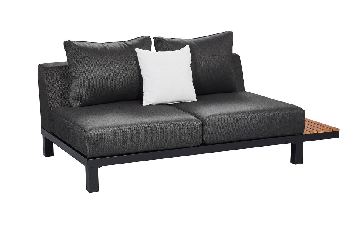 Orsy matte black aluminum and teak corner sofa set with low teak coffee table – another view