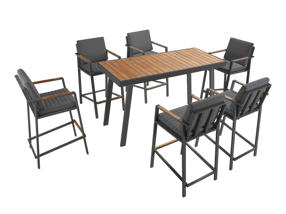 Noffy black aluminum and teak bar-height patio set