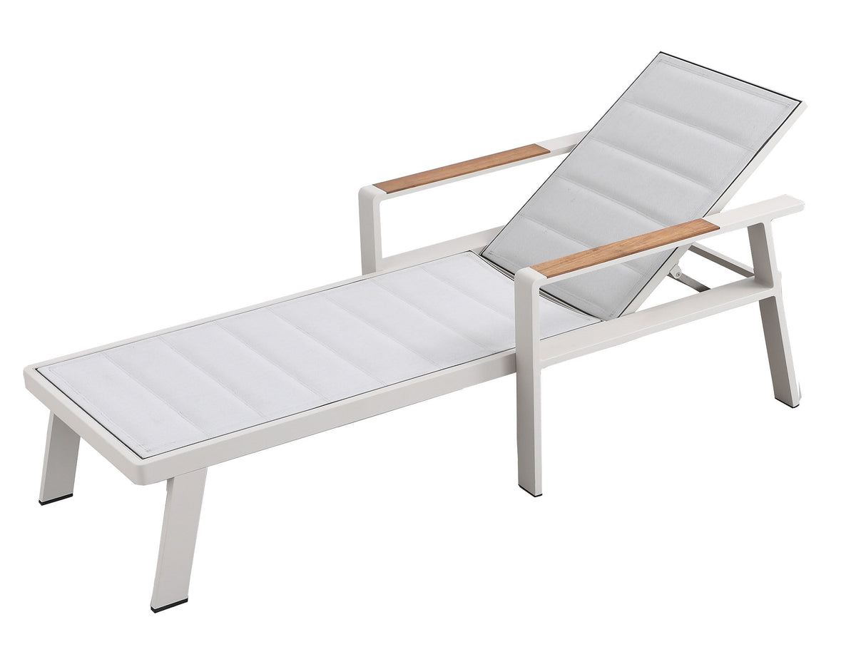 Noffy beige textilene chaise lounge with teak armrests