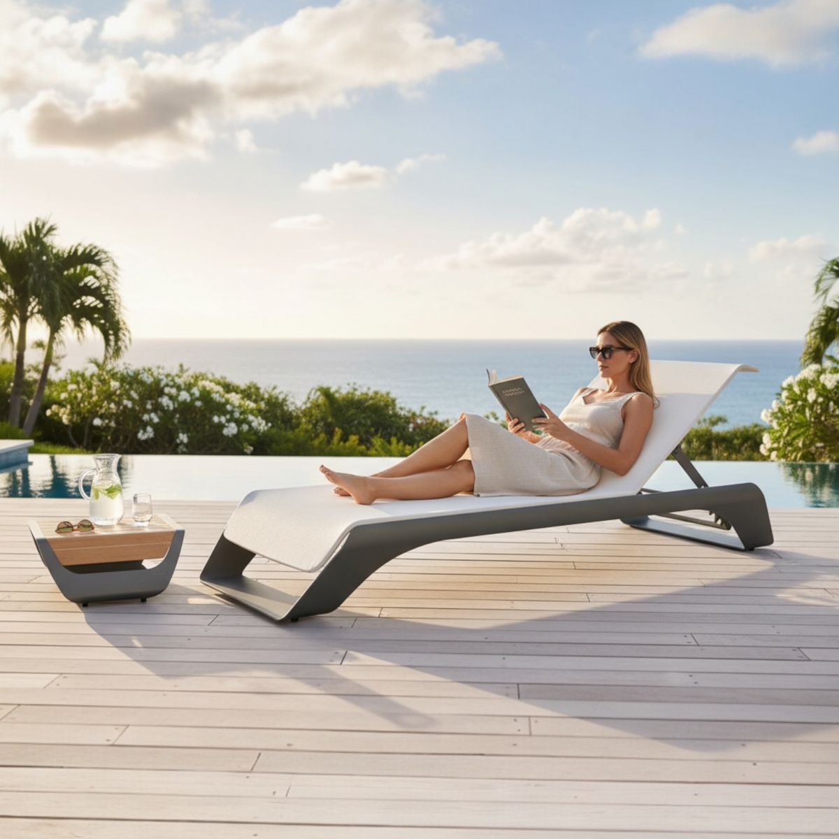 Onda gray aluminum pool lounger with side table – shown outdoors (3)