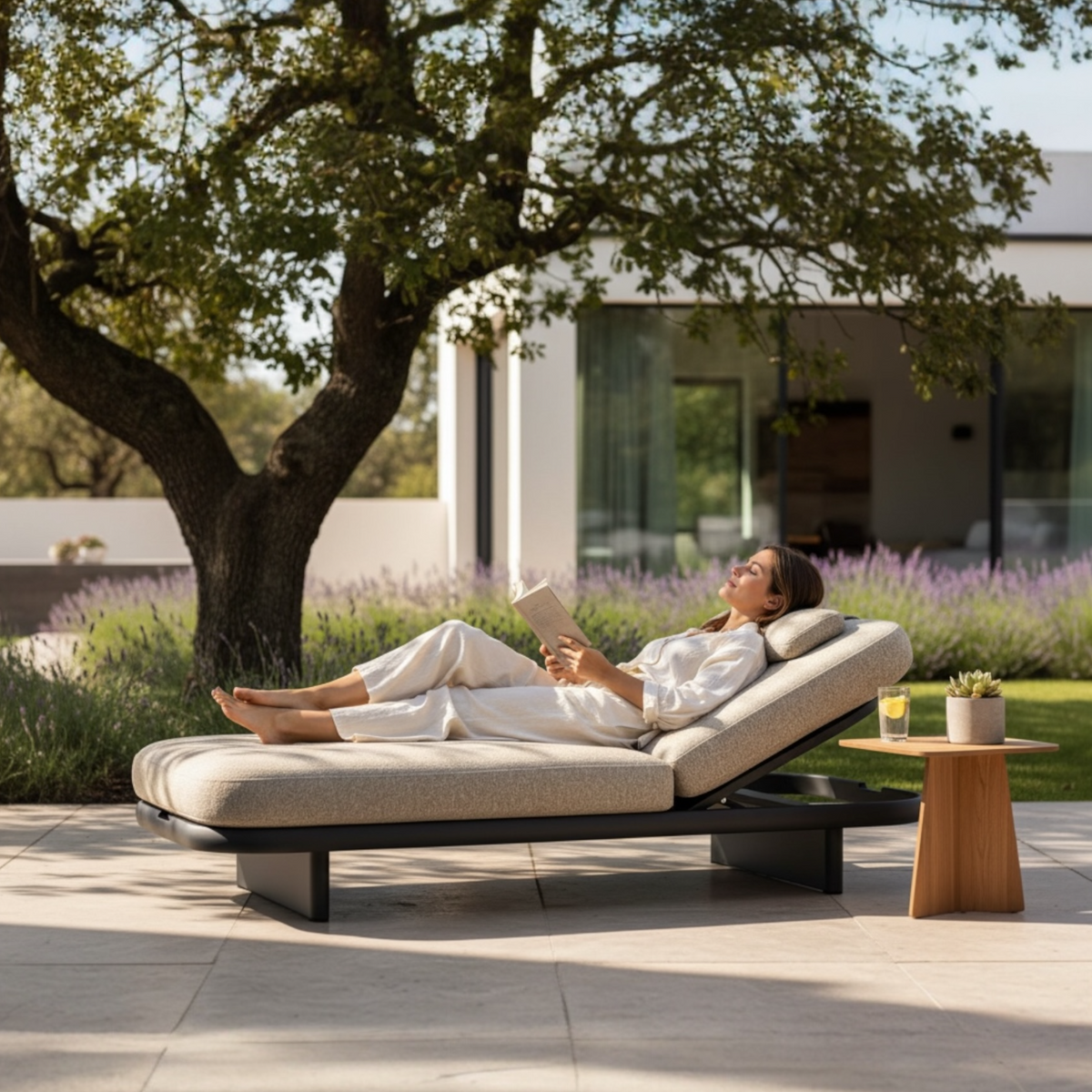 Rosa charcoal gray padded aluminum chaise lounge – shown outdoors (4)