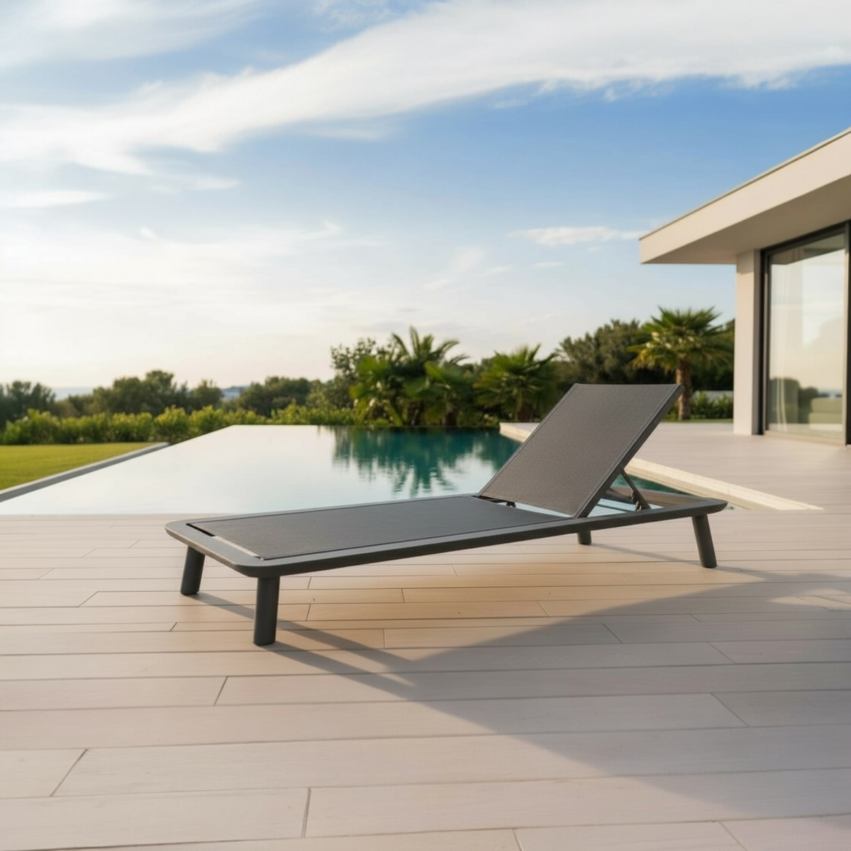 Lara low-profile aluminum textilene chaise lounge – shown outdoors