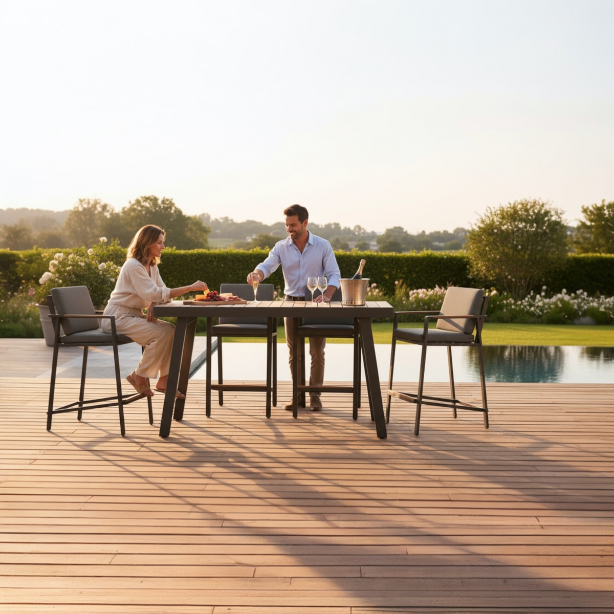 Noffy black aluminum and teak bar-height patio set – shown outdoors (2)