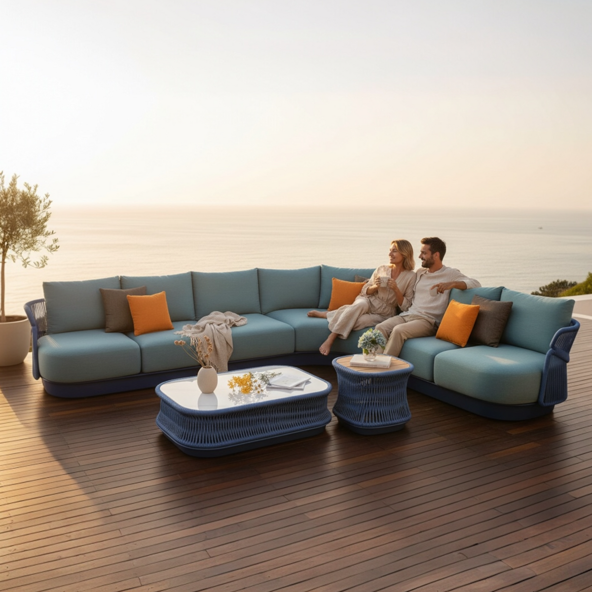 Laska curved blue rope outdoor corner sofa set with ceramic coffee table – shown outdoors (2)