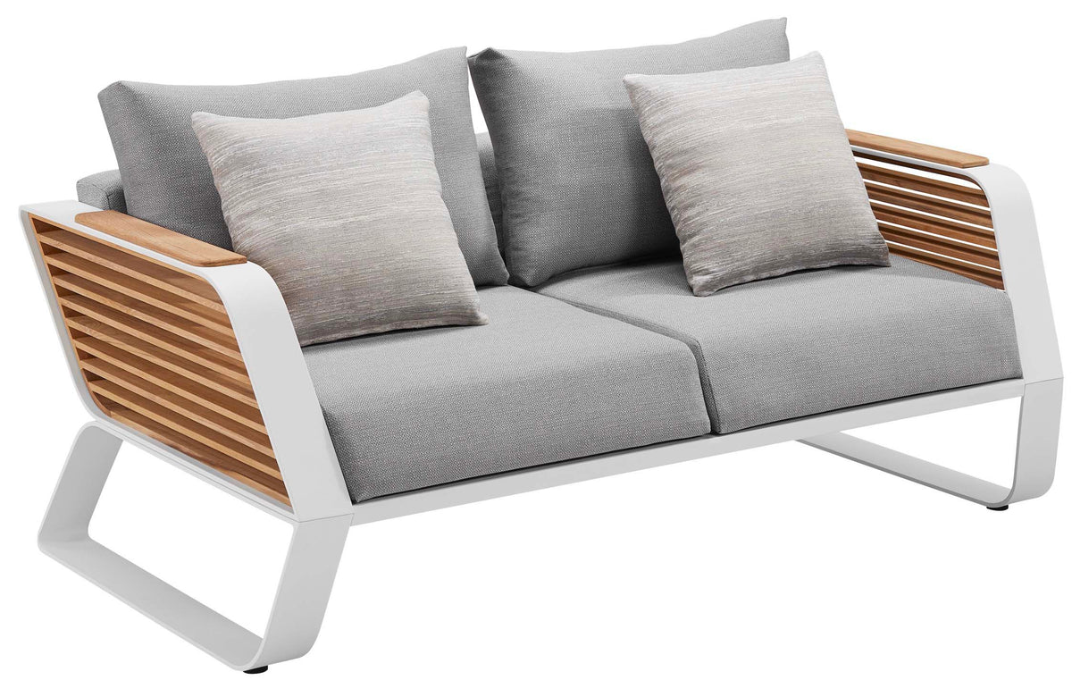 2-seat sofa from the Aily Mini aluminum and teak patio loveseat set with two armchairs – another view