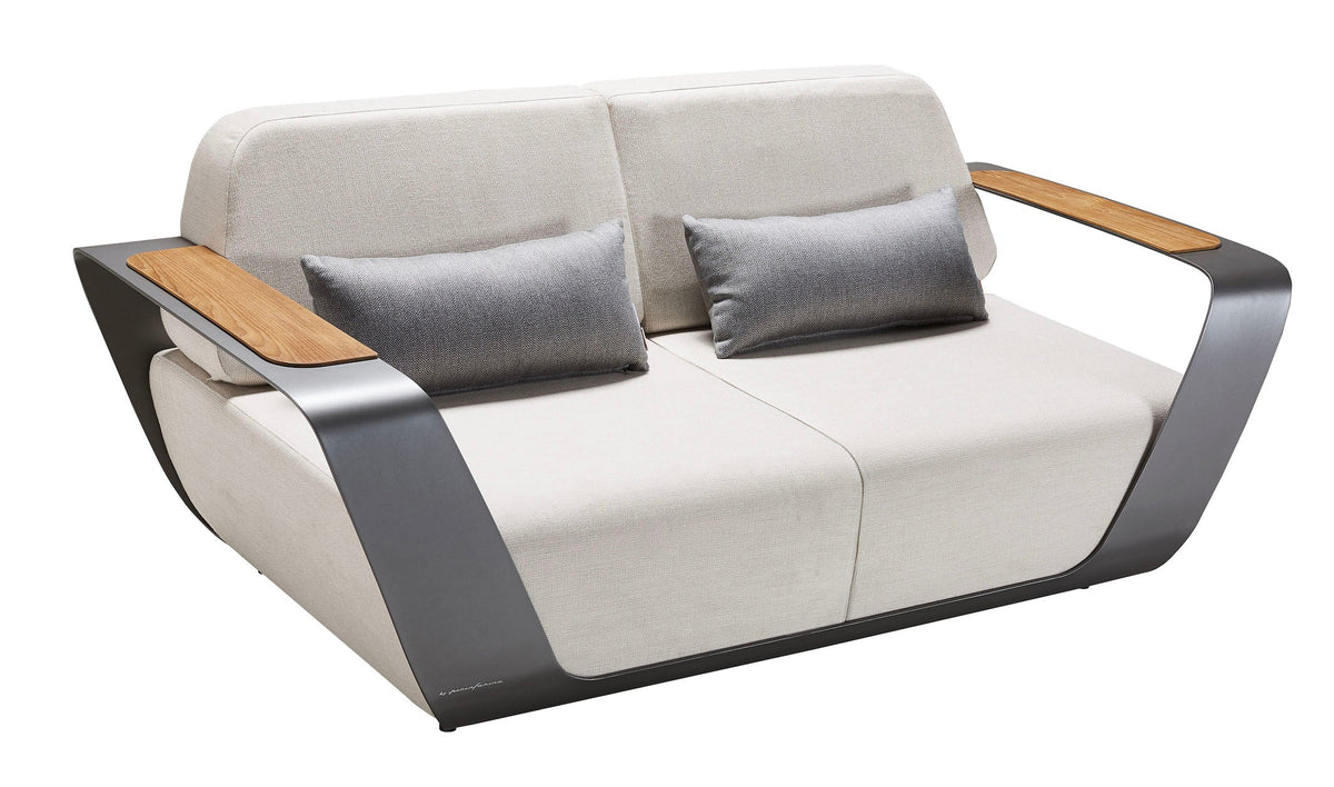 2-seat sofa from the Onda aluminum Sunbrella patio set with loveseat, armchairs and teak coffee table