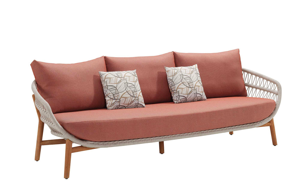 3-seat sofa from the Rose XL 7-seat teak and rope sofa set with powder pink cushions