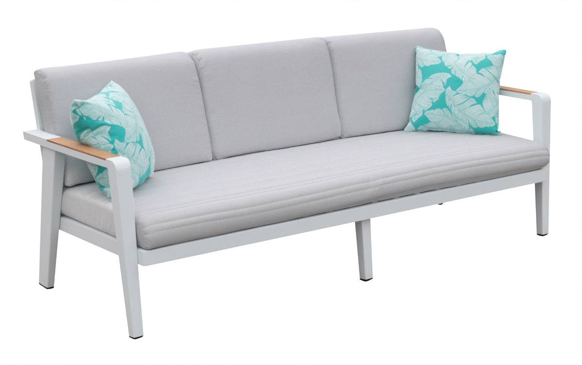 3-seat sofa from the Lovy white aluminum and teak 5-seat patio set with light cushions