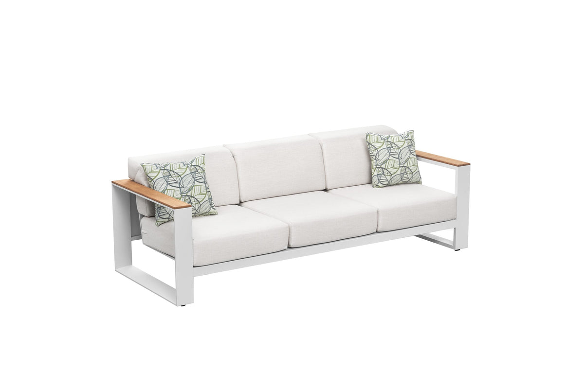 3-seat sofa from the Sofy white aluminum and teak sofa set – another view