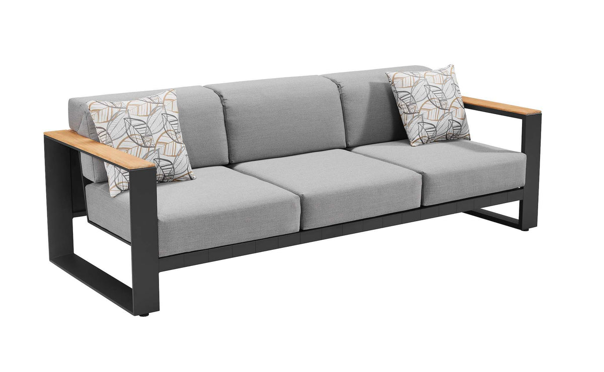 3-seat sofa from the Sofy anthracite aluminum and teak sofa set with solid teak armrests – another view