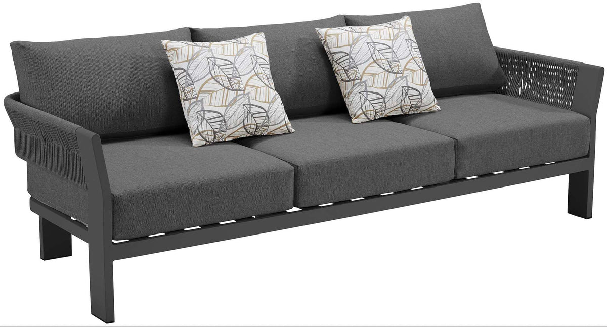 3-seat sofa from the Olby black rope patio sofa set with teak-top coffee table