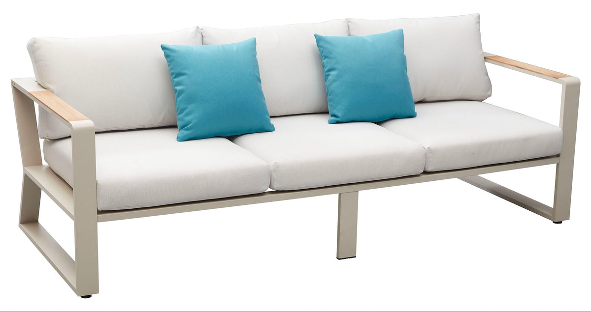3-seat sofa from the Exy beige aluminum and teak patio set with ecru check cushions