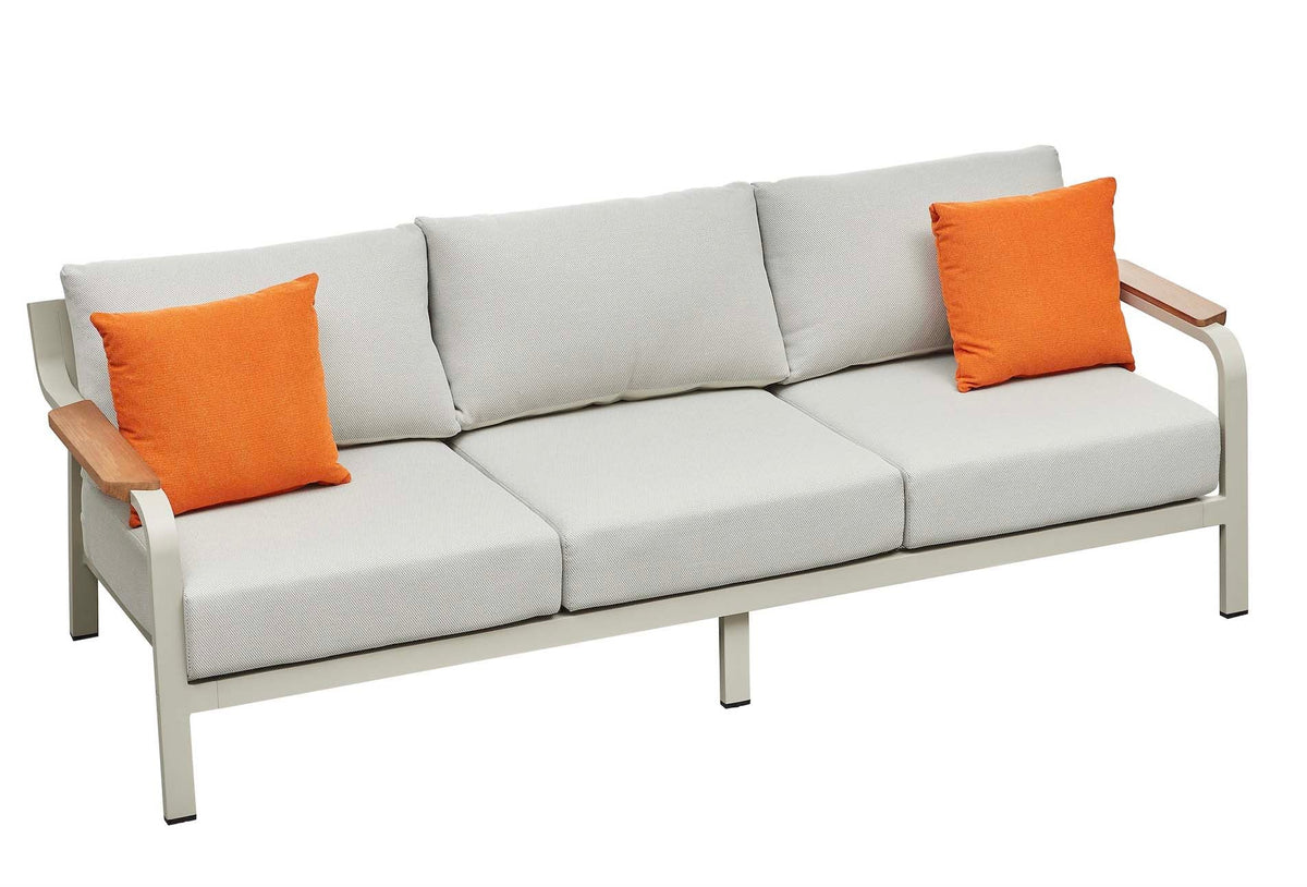 3-seat sofa from the Viscounti cream aluminum and teak patio set with openwork backs