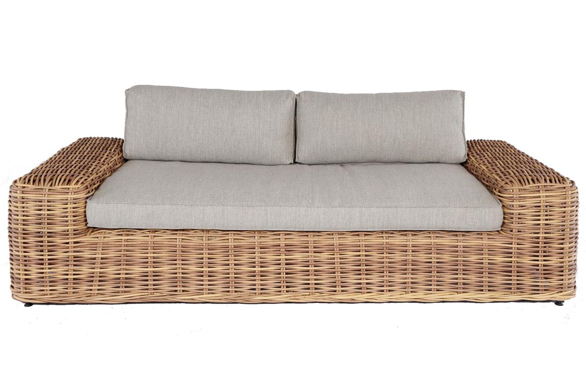 Bali round resin wicker patio set with 3-seat sofa, two armchairs and glass table – another view