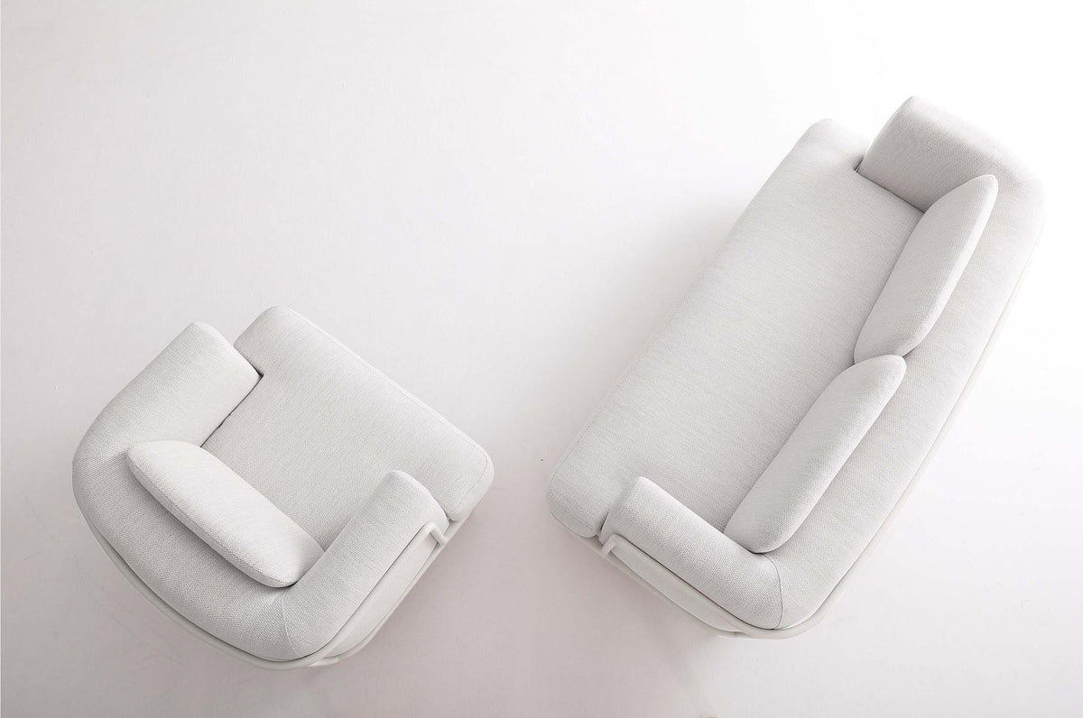 Flora 4-seat white aluminum loveseat set with beige cushions – another view