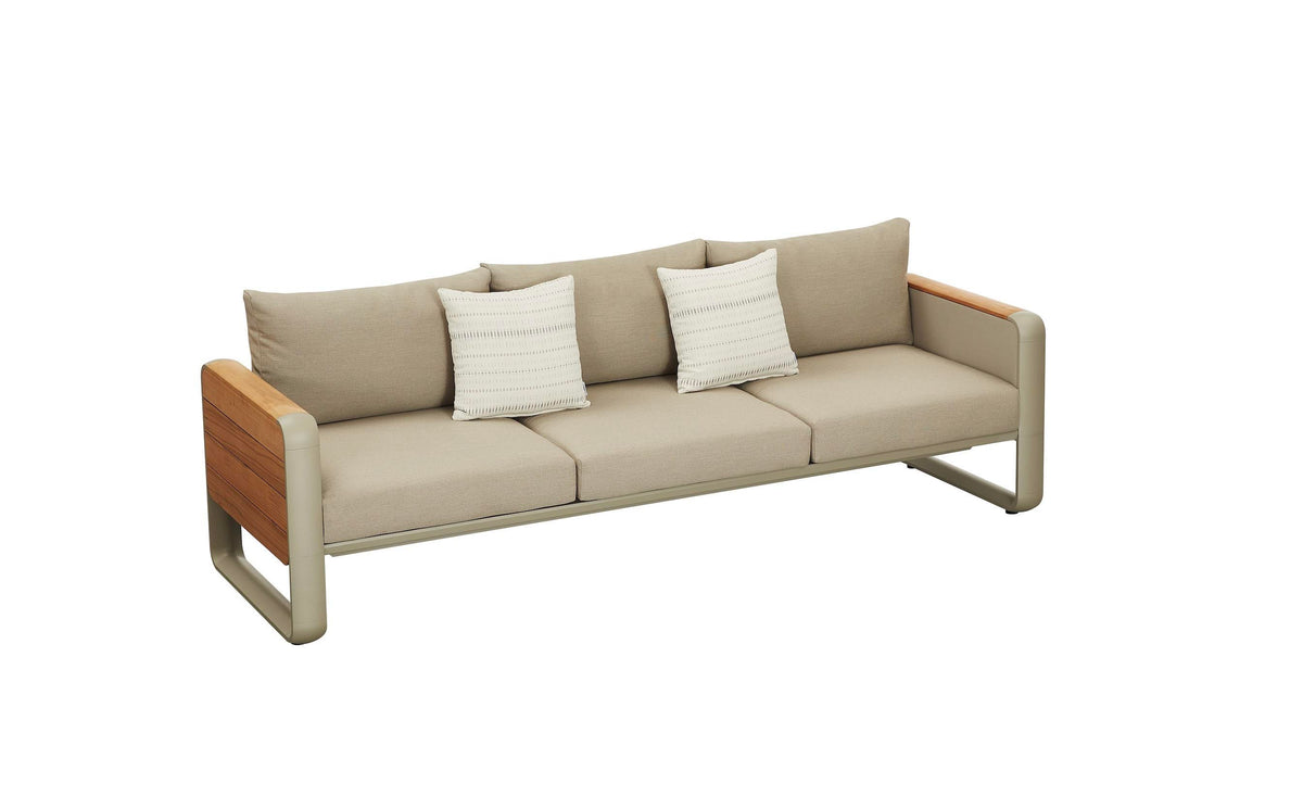 Talia aluminum and teak sofa set with flip-up teak side tables – another view