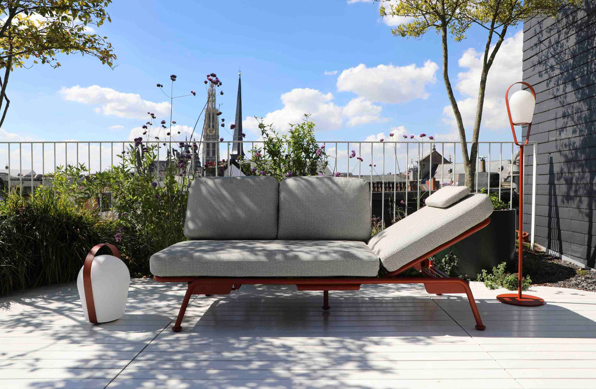 Sunny red convertible aluminum outdoor sofa lounger – shown outdoors (3)