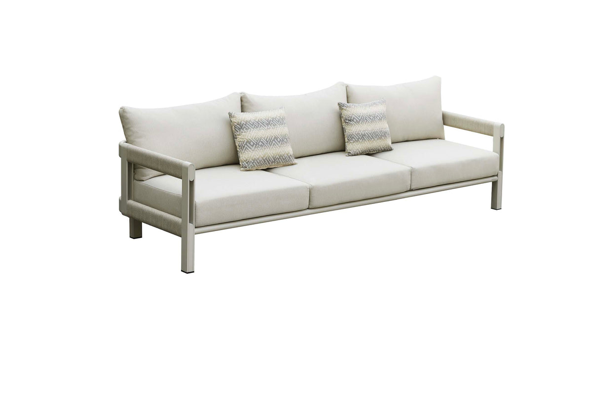 3-seat sofa from the Milan beige aluminum and rope patio set with ceramic coffee and side tables