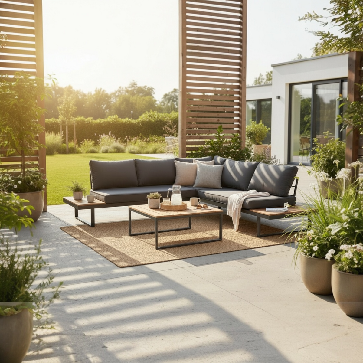 Stacy anthracite aluminum corner patio set with wood-look table – shown outdoors