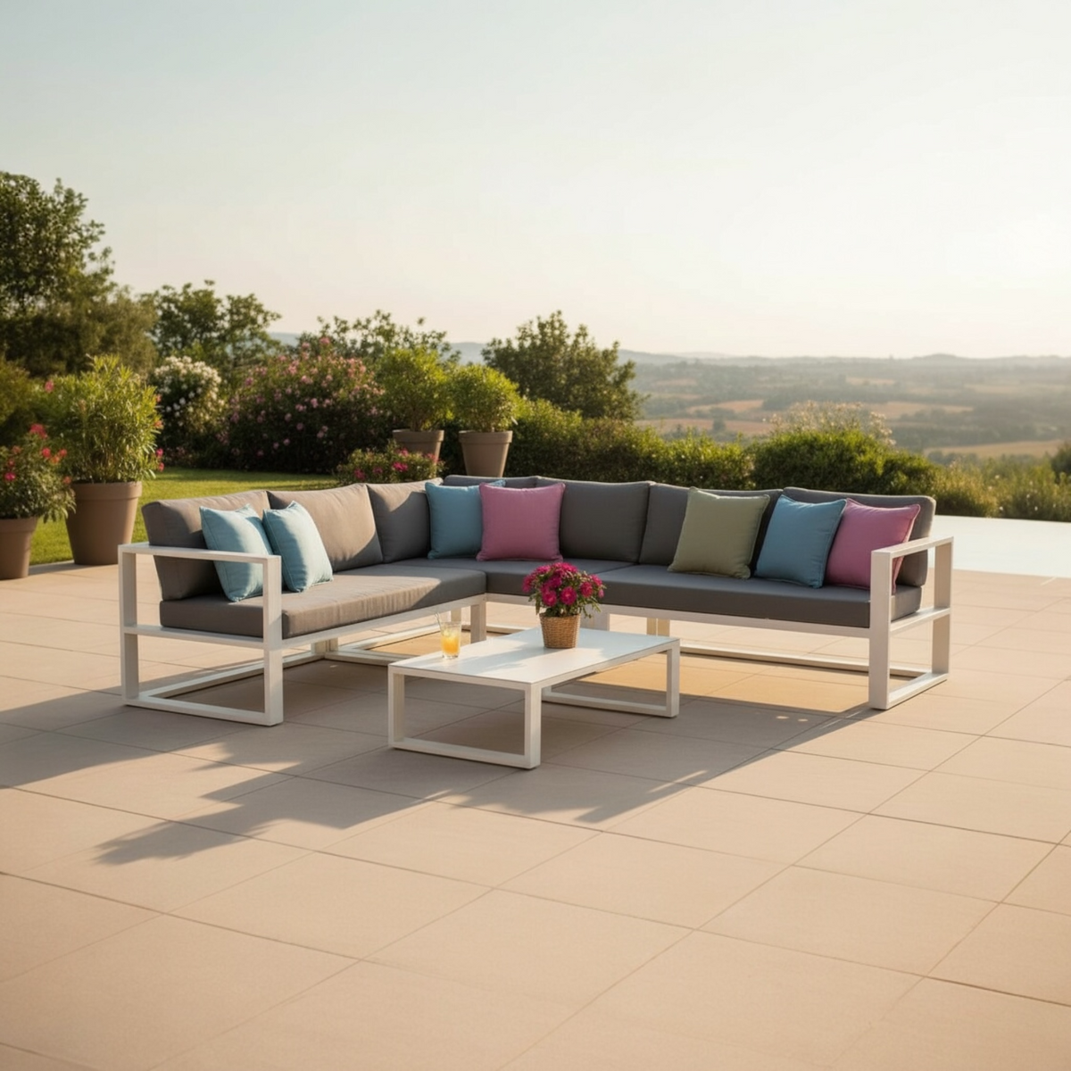 Belly Cosy white aluminum corner sofa with coffee table – shown outdoors (2)