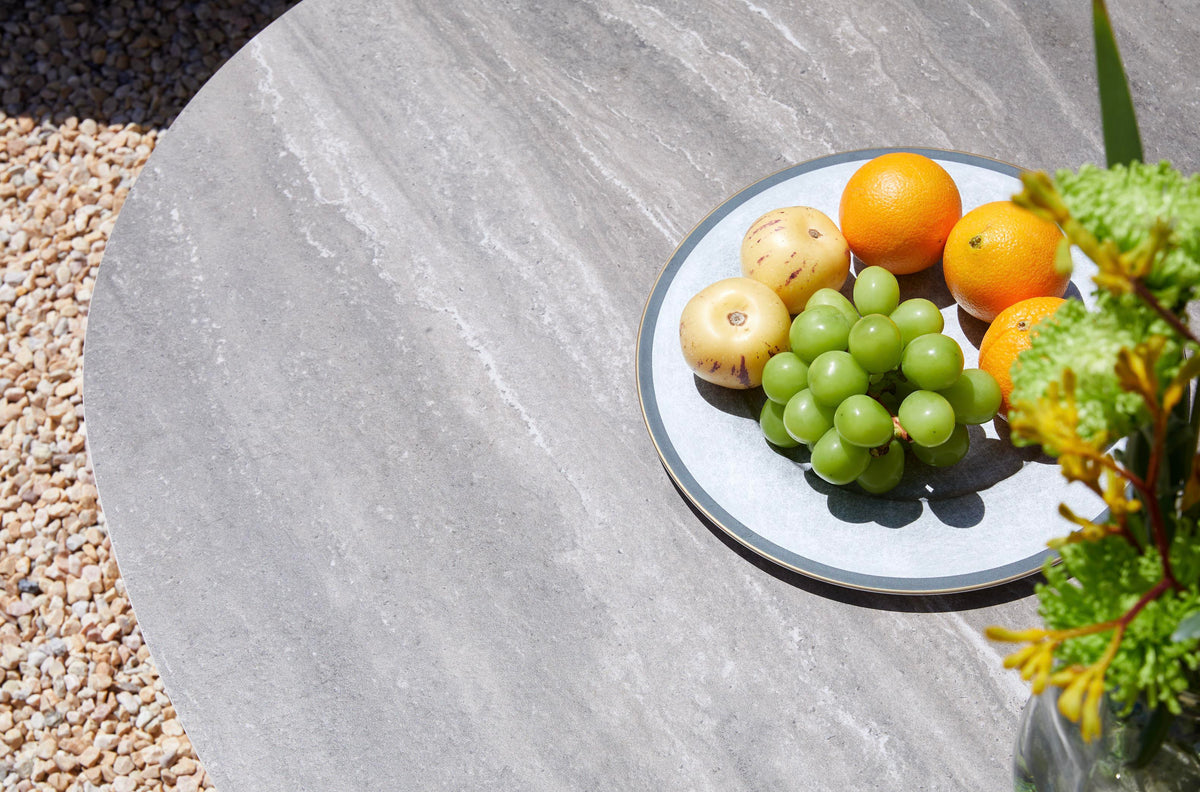 Aura black rope outdoor lounge set with gray-taupe marble-effect coffee table – close-up detail